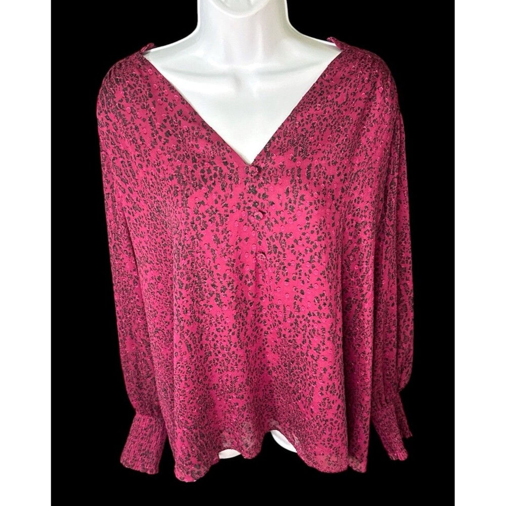 NWT Calvin Klein 3X Blouse Women's Plus Size Magenta Abstract Print Smocked Cuff